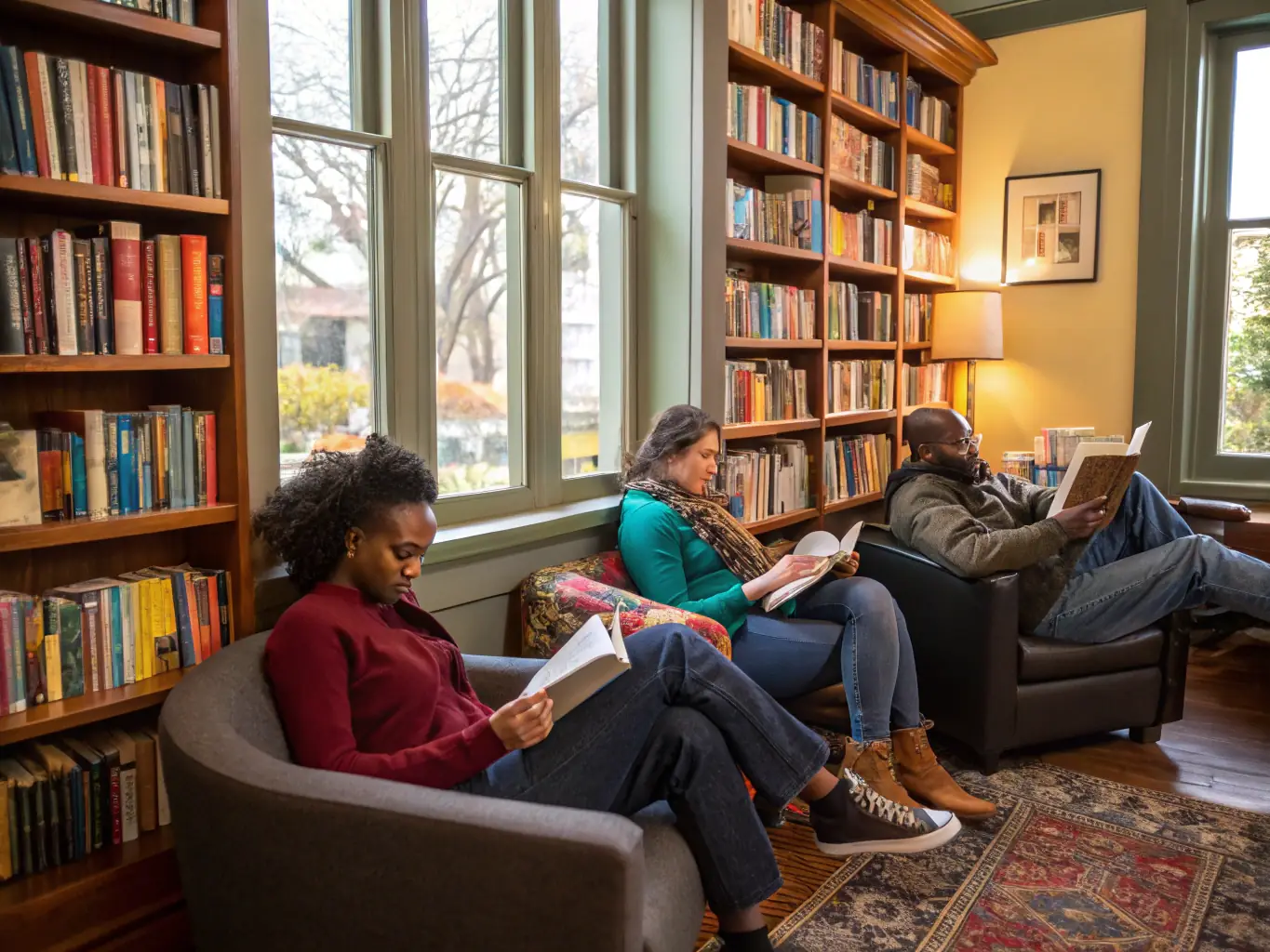 A vibrant library interior filled with books, reading areas, and community members engaging with resources, showcasing the Cultural Library Access program.