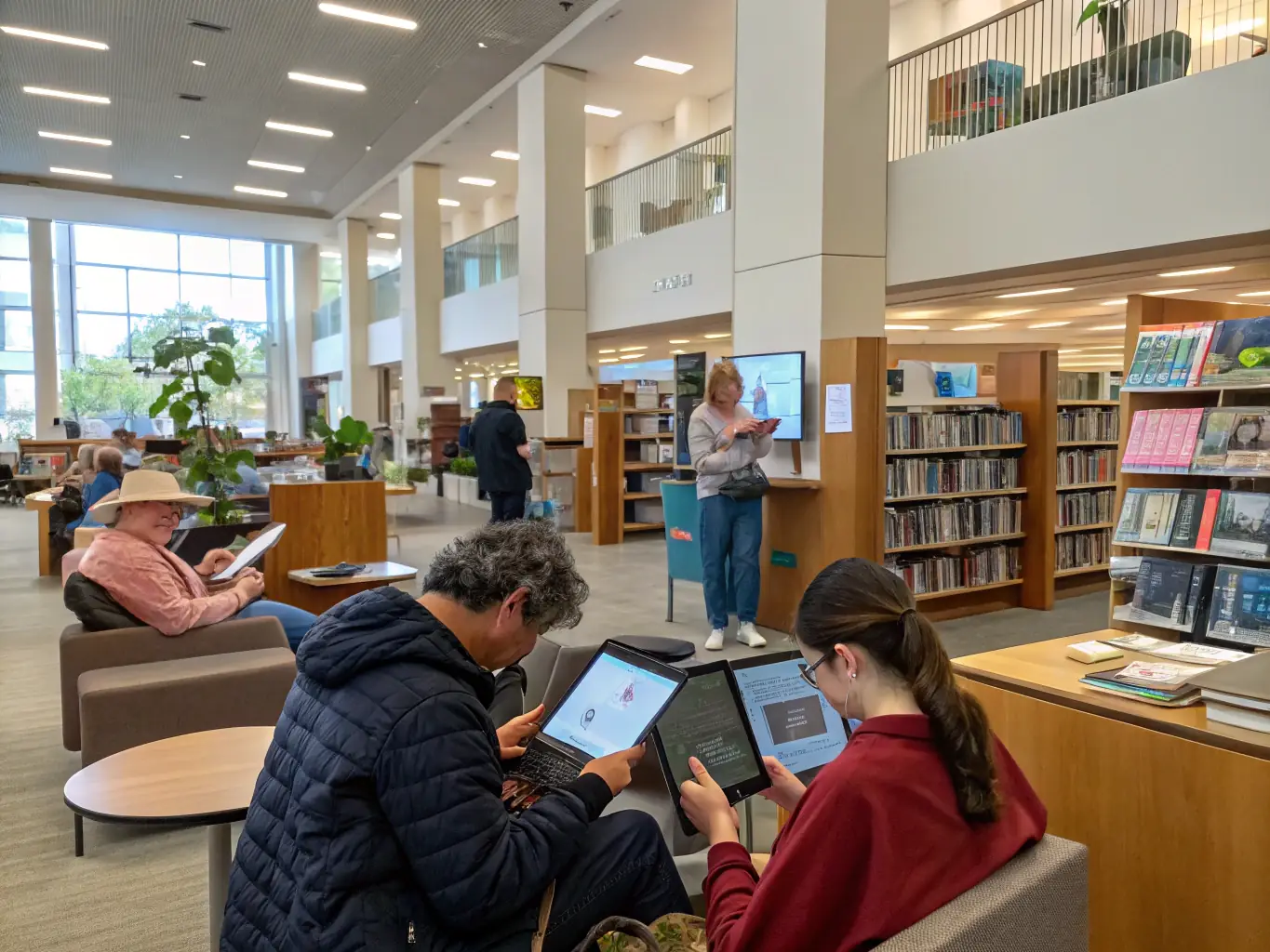 A vibrant image of children and adults interacting with books and digital resources in the L'ARBRE AUX PAPILLONS library.