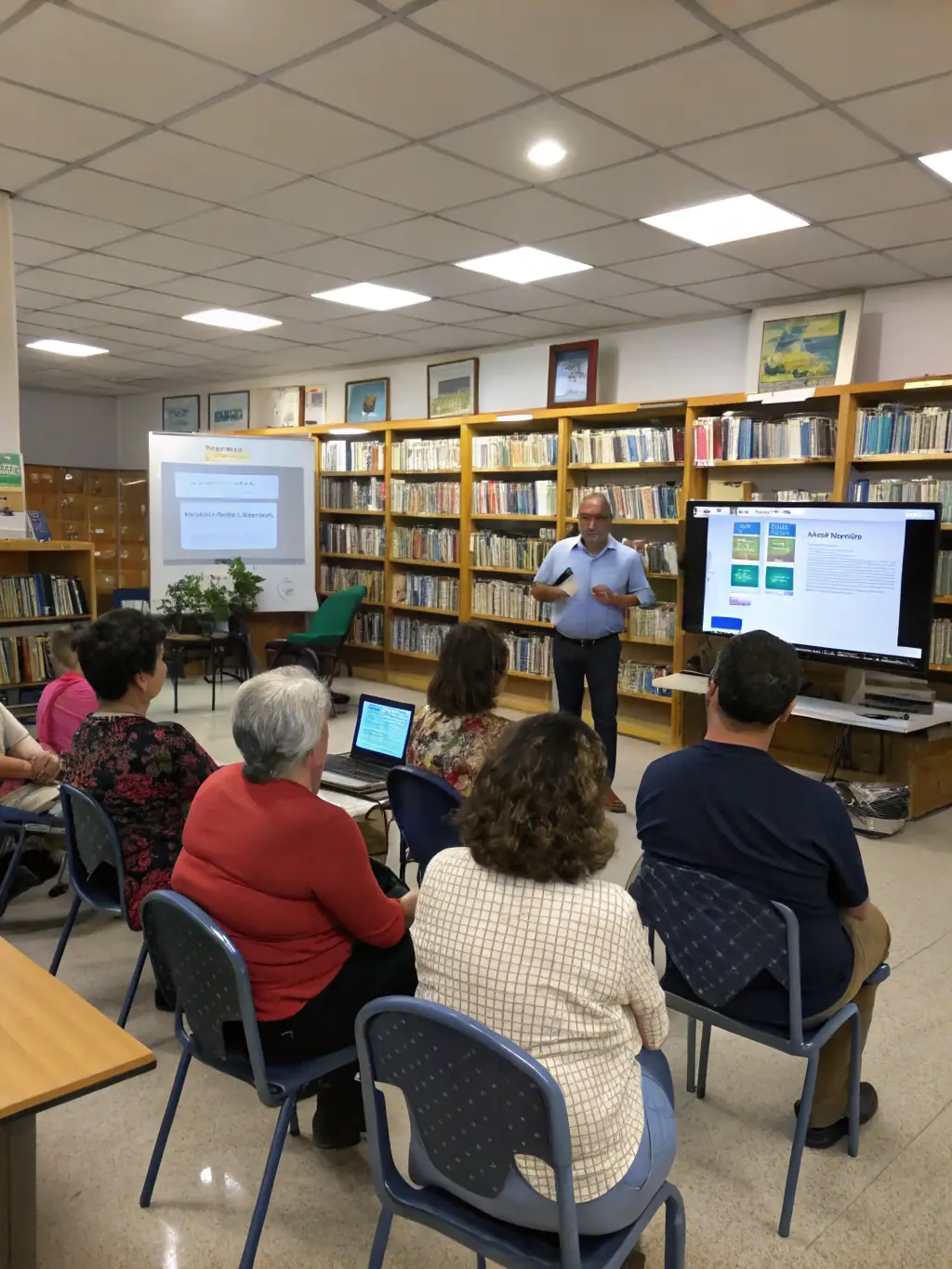 A group of adults attending a digital literacy workshop at L'ARBRE AUX PAPILLONS, learning how to use computers and access online resources.