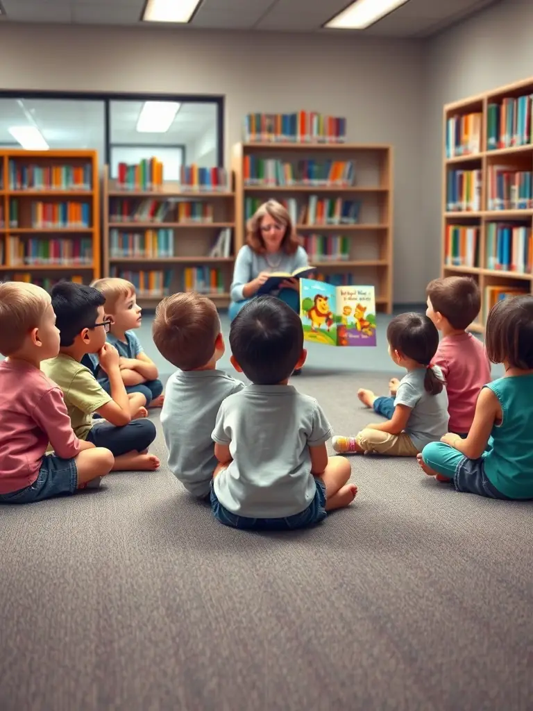 A brightly lit photo of children participating in a storytelling session at L'ARBRE AUX PAPILLONS, with a librarian reading aloud from a colorful picture book.